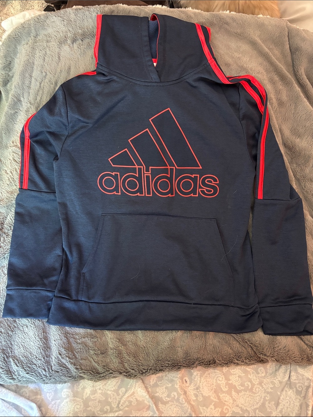 adidas youth Navy Hoodie with orange  Accents and Logo